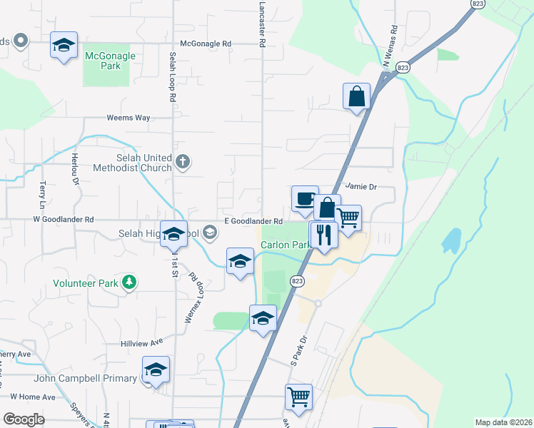 map of restaurants, bars, coffee shops, grocery stores, and more near 301 East Goodlander Road in Selah