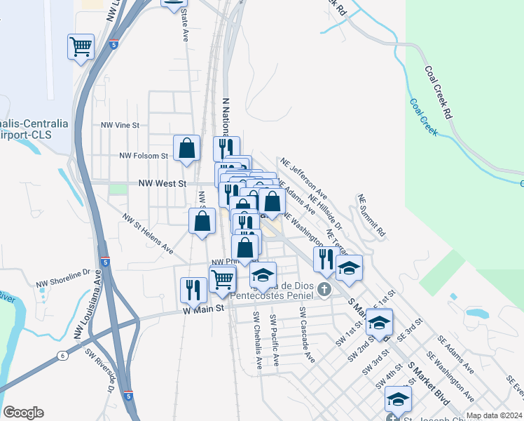 map of restaurants, bars, coffee shops, grocery stores, and more near in Chehalis