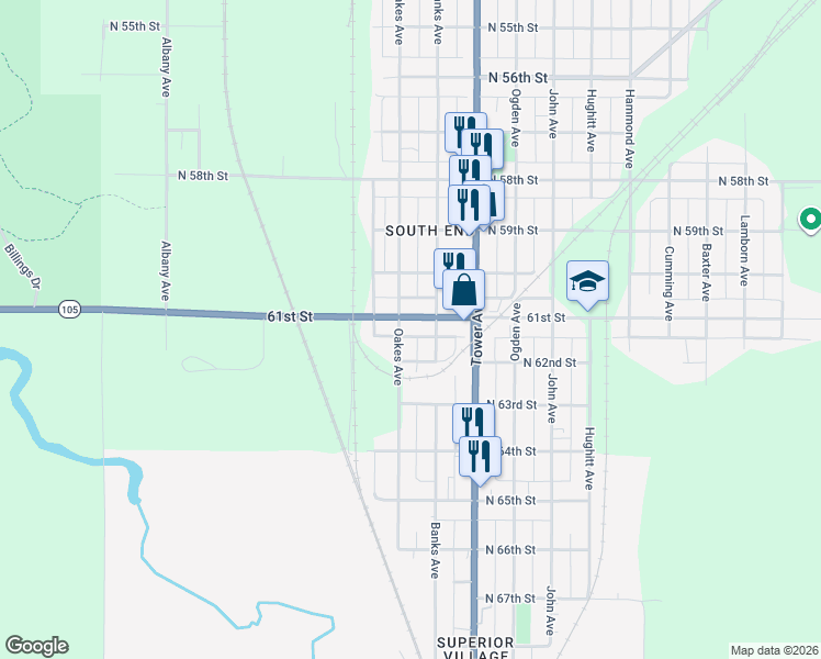 map of restaurants, bars, coffee shops, grocery stores, and more near 6117 Oakes Avenue in Superior