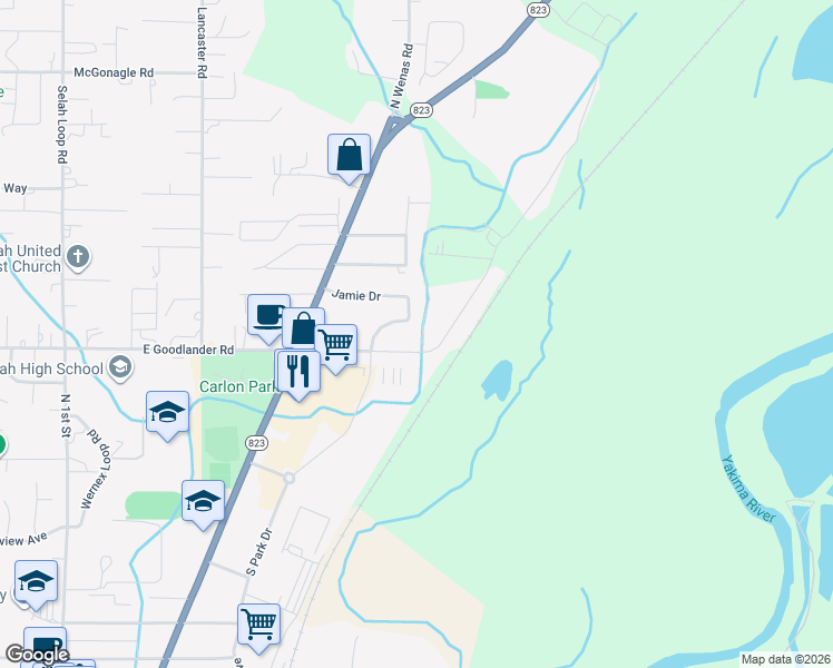 map of restaurants, bars, coffee shops, grocery stores, and more near 811 Jamie Drive in Selah