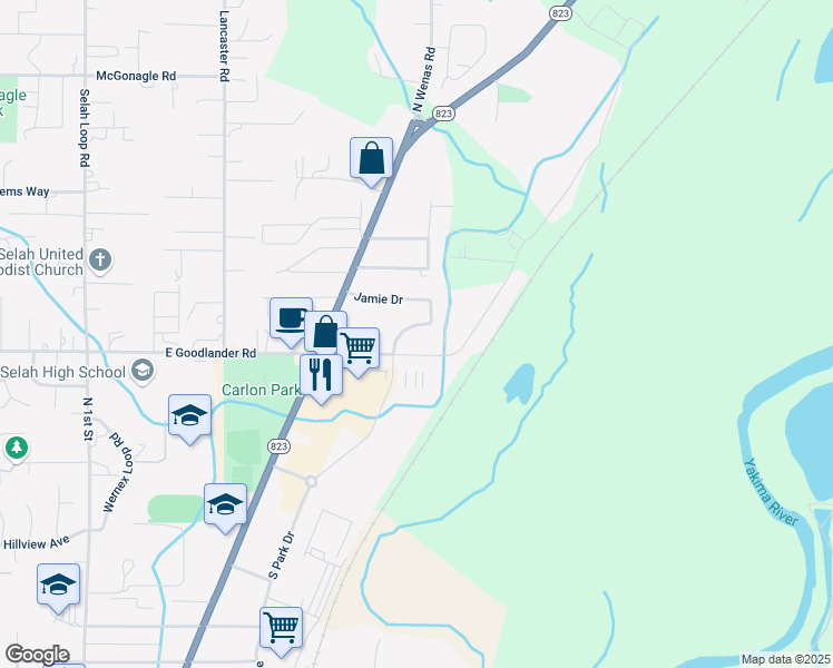 map of restaurants, bars, coffee shops, grocery stores, and more near 809 Jamie Drive in Selah
