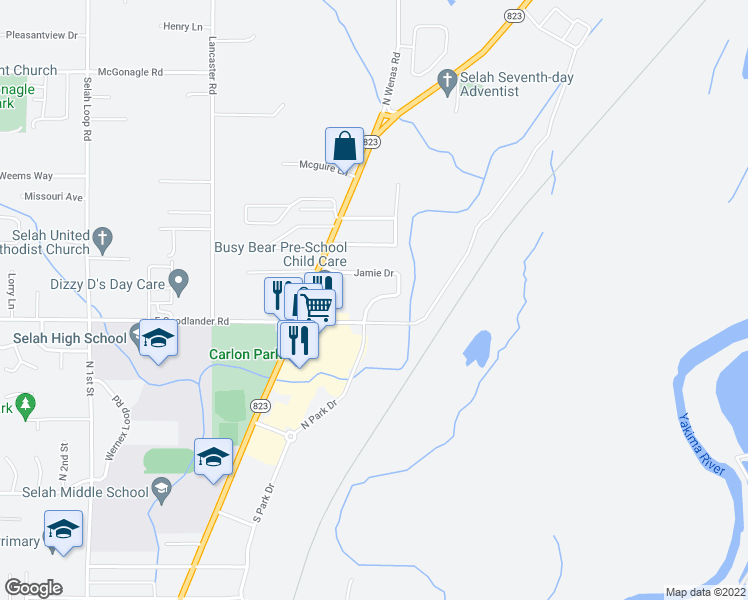 map of restaurants, bars, coffee shops, grocery stores, and more near 917 Jamie Drive in Selah