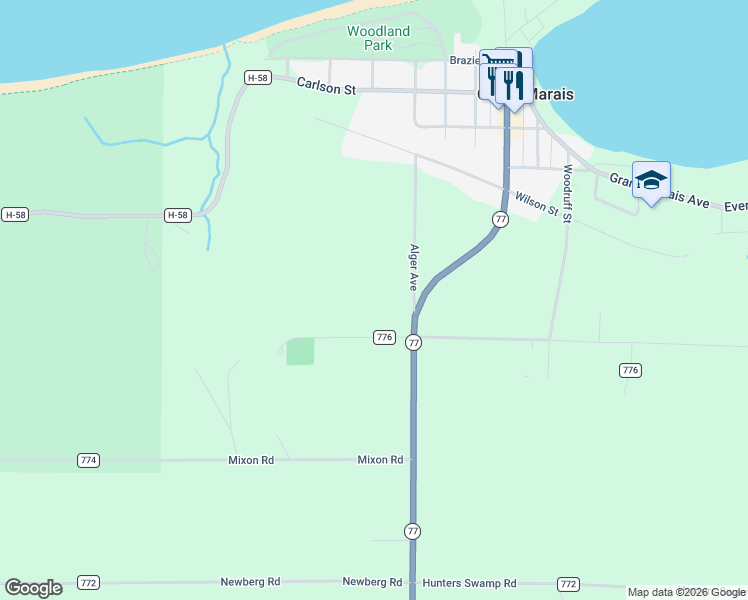 map of restaurants, bars, coffee shops, grocery stores, and more near Ridge Road in Seney