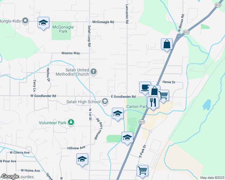 map of restaurants, bars, coffee shops, grocery stores, and more near 120 Lancaster Rd in Selah