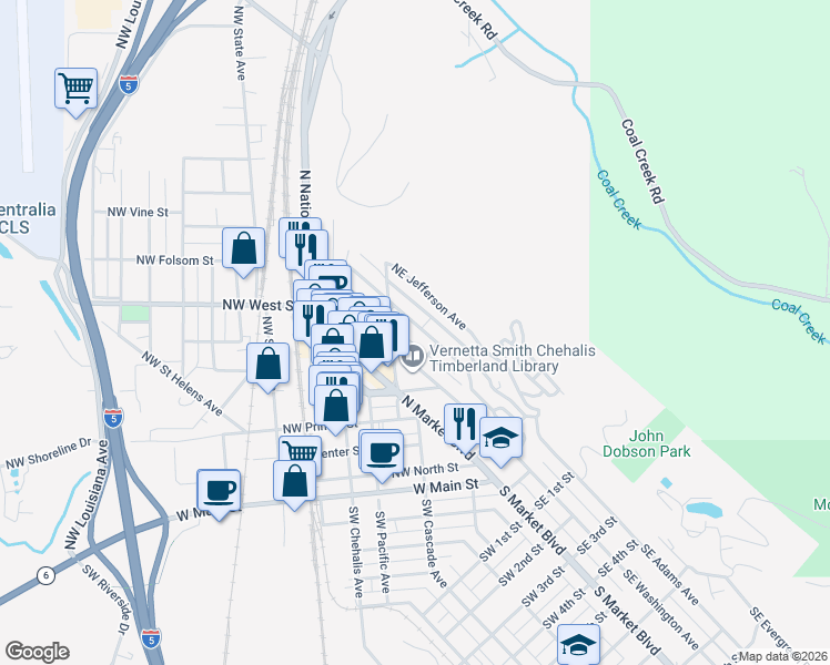 map of restaurants, bars, coffee shops, grocery stores, and more near 505 Northeast Jefferson Avenue in Chehalis