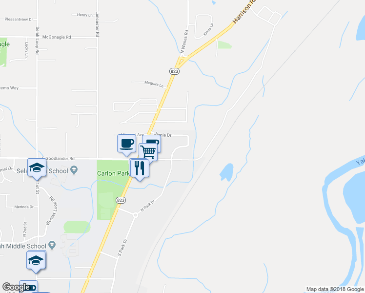 map of restaurants, bars, coffee shops, grocery stores, and more near 815 Jamie Drive in Selah