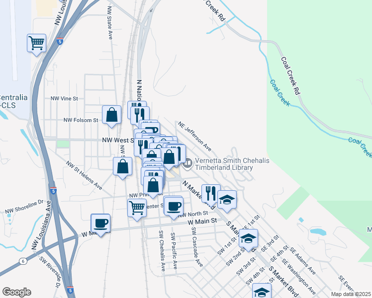 map of restaurants, bars, coffee shops, grocery stores, and more near 505 Northeast Jefferson Avenue in Chehalis