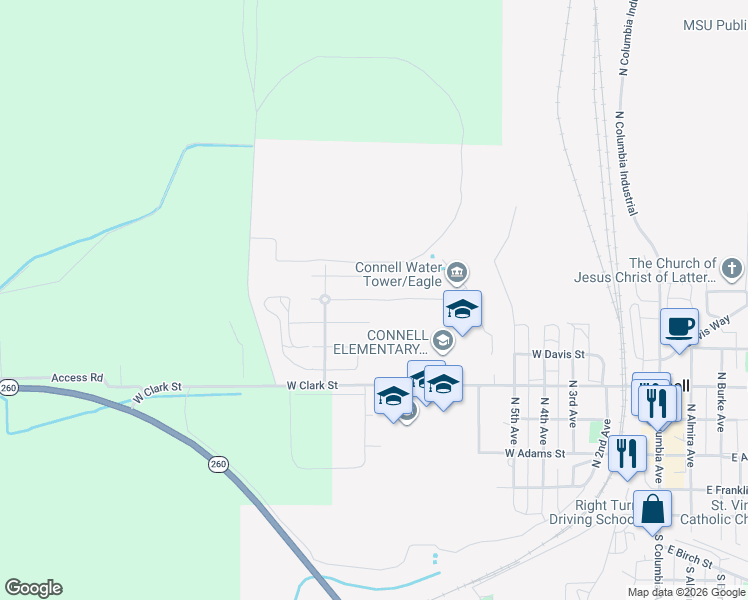 map of restaurants, bars, coffee shops, grocery stores, and more near West Grant Street in Connell