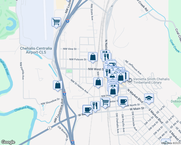 map of restaurants, bars, coffee shops, grocery stores, and more near 561 Northwest Rhode Island Place in Chehalis