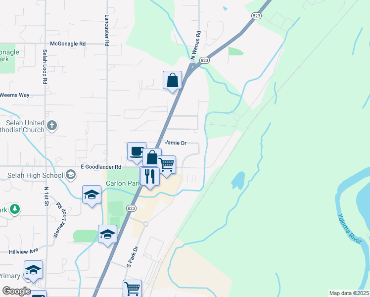 map of restaurants, bars, coffee shops, grocery stores, and more near 508 Jamie Drive in Selah