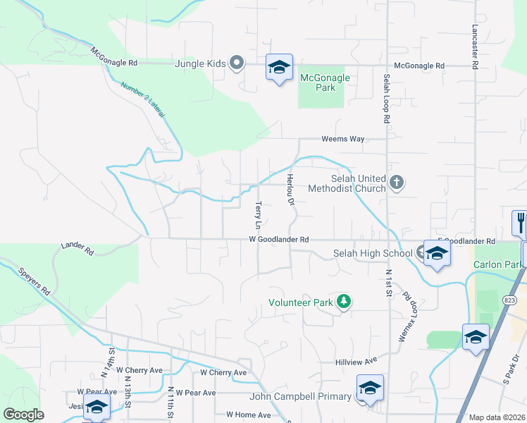 map of restaurants, bars, coffee shops, grocery stores, and more near 81 Terry Lane in Selah