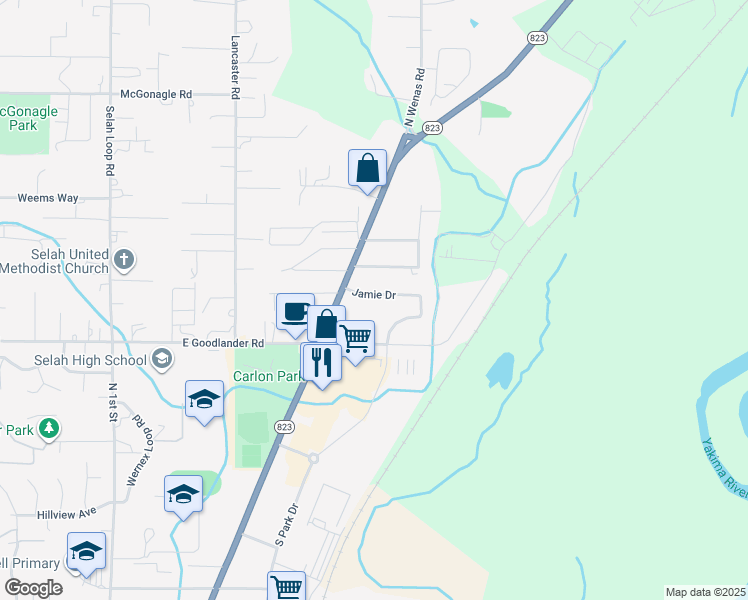 map of restaurants, bars, coffee shops, grocery stores, and more near 508 Jamie Drive in Selah