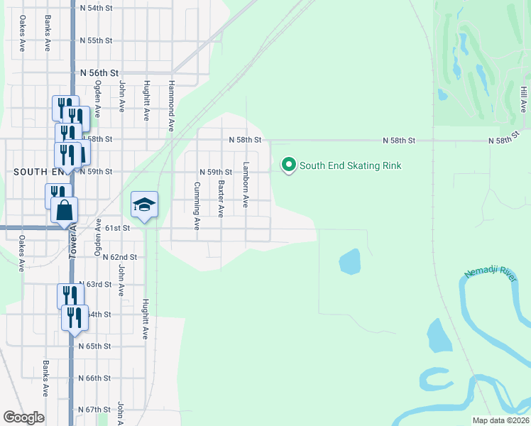 map of restaurants, bars, coffee shops, grocery stores, and more near 6013 Weeks Avenue in Superior