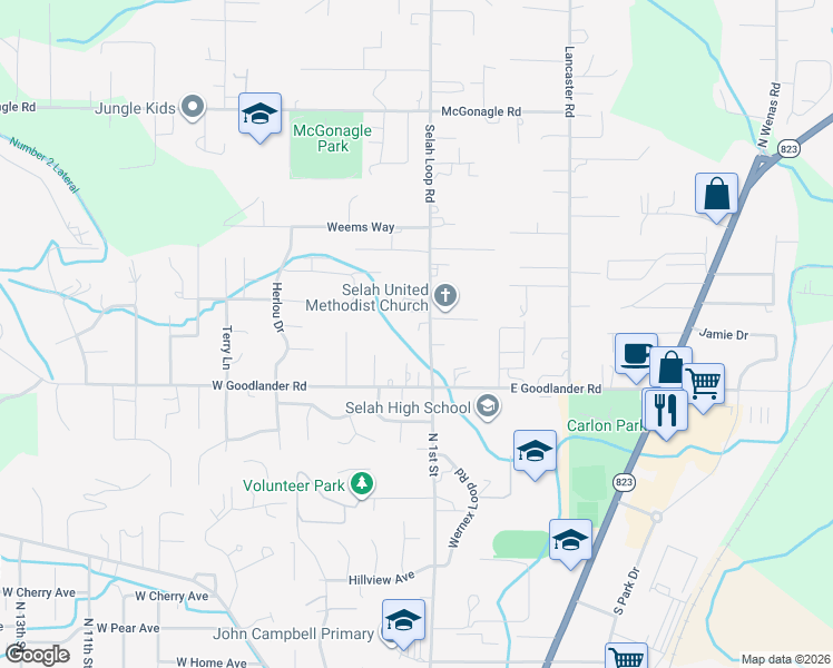 map of restaurants, bars, coffee shops, grocery stores, and more near 1000 Selah Loop Road in Selah