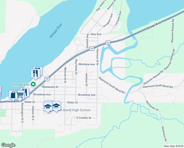 map of restaurants, bars, coffee shops, grocery stores, and more near 810 Oregon Avenue in Raymond