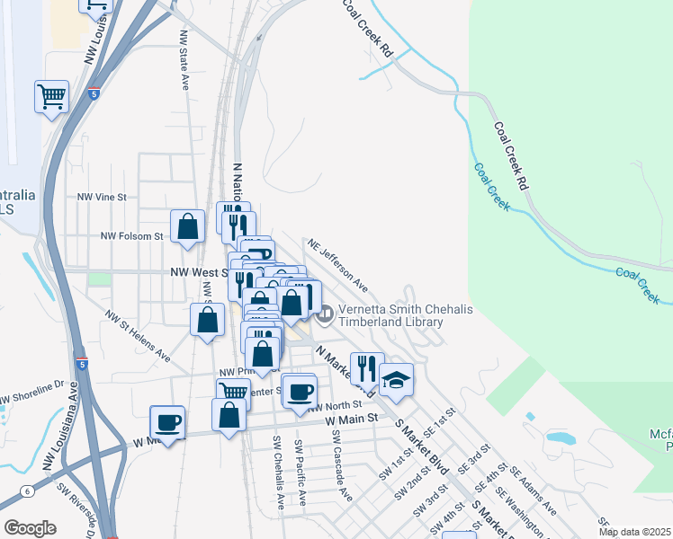 map of restaurants, bars, coffee shops, grocery stores, and more near 505 Northeast Jefferson Avenue in Chehalis