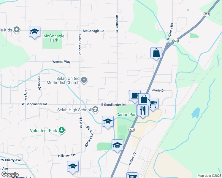 map of restaurants, bars, coffee shops, grocery stores, and more near 120 Lancaster Rd in Selah