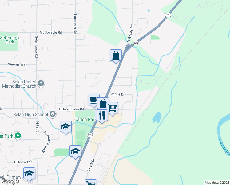 map of restaurants, bars, coffee shops, grocery stores, and more near 508 Jamie Drive in Selah