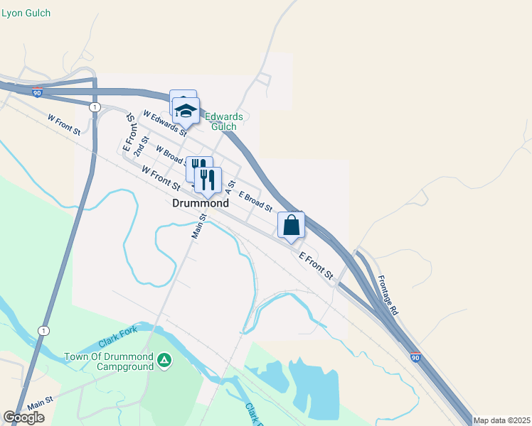 map of restaurants, bars, coffee shops, grocery stores, and more near Rennie Alley in Drummond