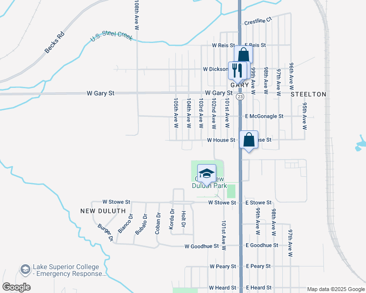 map of restaurants, bars, coffee shops, grocery stores, and more near 412 West House Street in Duluth