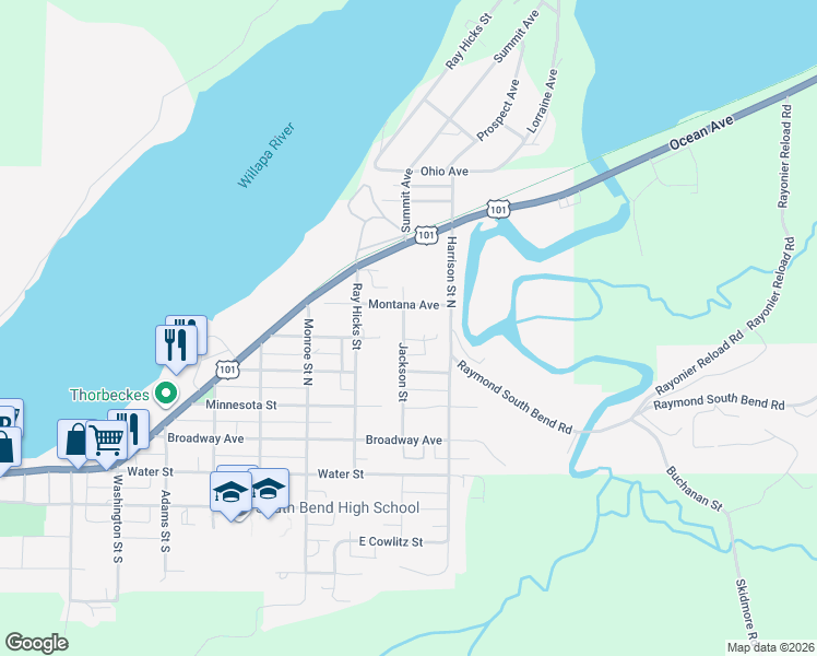 map of restaurants, bars, coffee shops, grocery stores, and more near 810 Oregon Avenue in Raymond