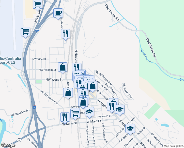 map of restaurants, bars, coffee shops, grocery stores, and more near 198 Northeast Boistfort Street in Chehalis
