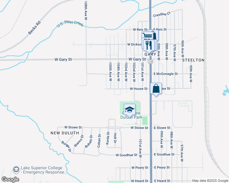 map of restaurants, bars, coffee shops, grocery stores, and more near 412 West House Street in Duluth