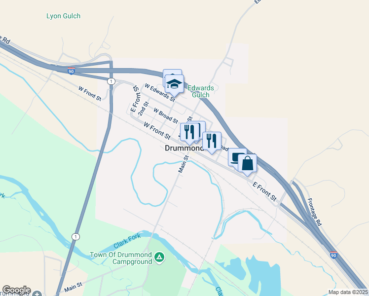 map of restaurants, bars, coffee shops, grocery stores, and more near in Drummond