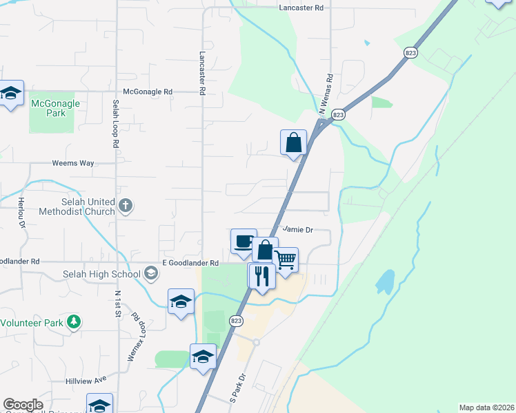 map of restaurants, bars, coffee shops, grocery stores, and more near 1130 North Wenas Road in Selah