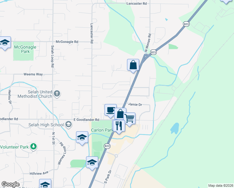 map of restaurants, bars, coffee shops, grocery stores, and more near 1130 North Wenas Road in Selah