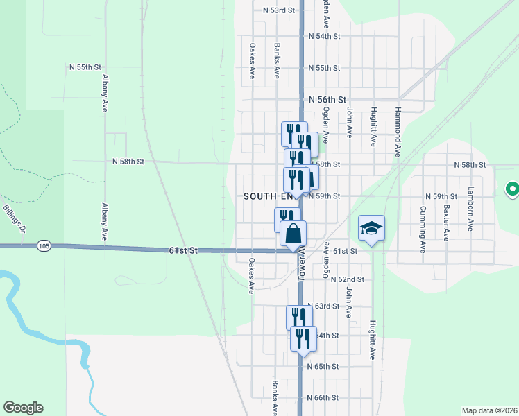 map of restaurants, bars, coffee shops, grocery stores, and more near 5901 Oakes Avenue in Superior
