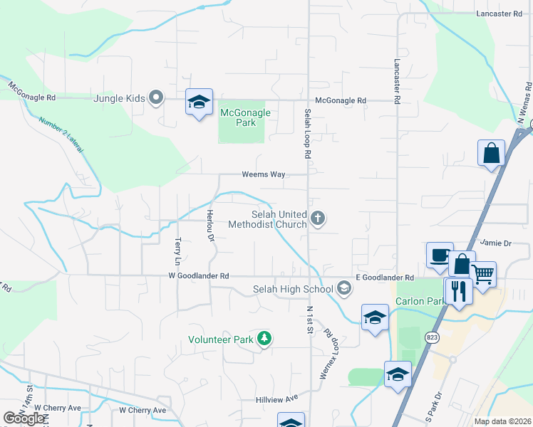 map of restaurants, bars, coffee shops, grocery stores, and more near 117 Lyle Loop in Selah