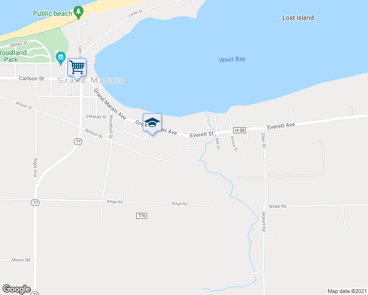 map of restaurants, bars, coffee shops, grocery stores, and more near n14215 Harbor Street in Grand Marais