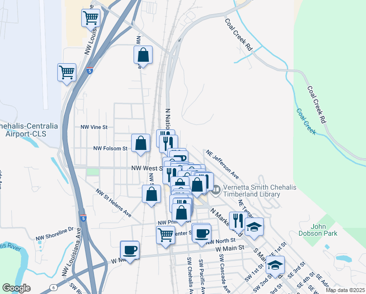 map of restaurants, bars, coffee shops, grocery stores, and more near 596 Northeast Adams Avenue in Chehalis