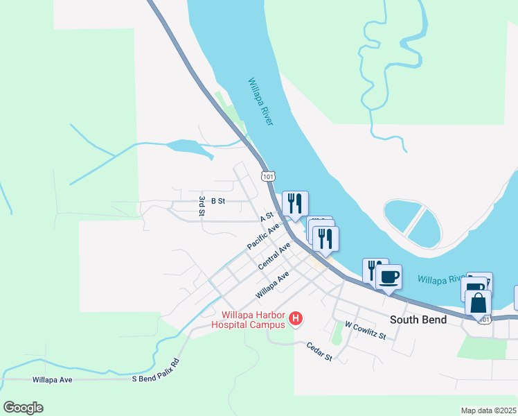 map of restaurants, bars, coffee shops, grocery stores, and more near 105 A Street in South Bend