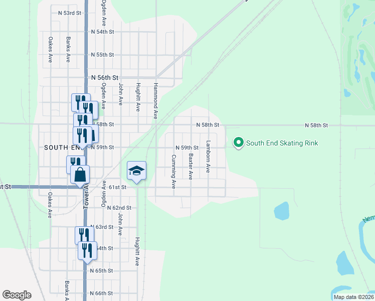 map of restaurants, bars, coffee shops, grocery stores, and more near 5901 Baxter Avenue in Superior