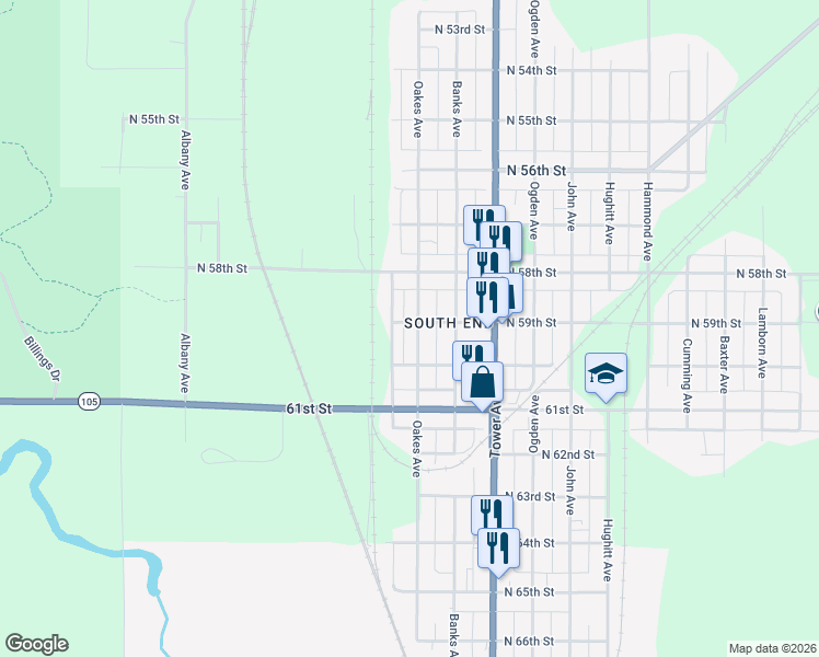 map of restaurants, bars, coffee shops, grocery stores, and more near 5901 Oakes Avenue in Superior