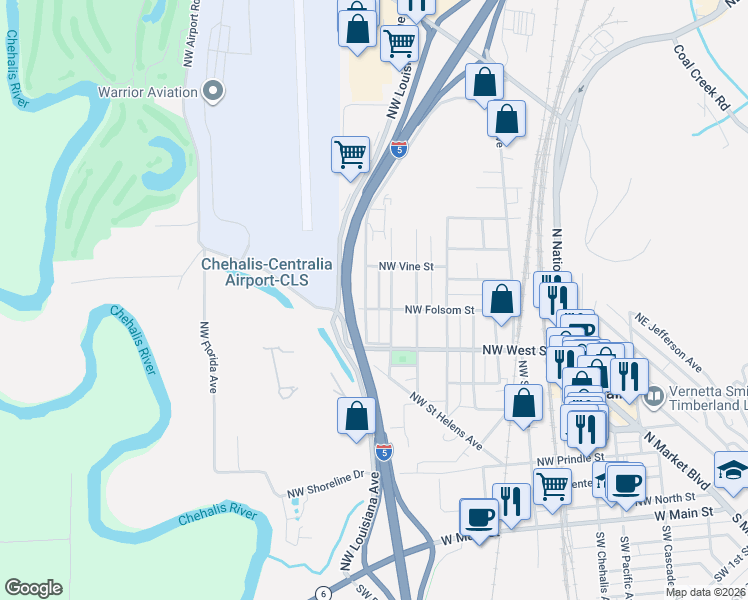 map of restaurants, bars, coffee shops, grocery stores, and more near 725 Northwest New York Avenue in Chehalis