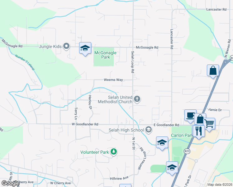 map of restaurants, bars, coffee shops, grocery stores, and more near 117 Lyle Loop in Selah
