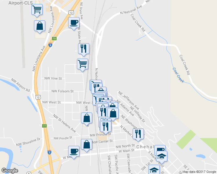 map of restaurants, bars, coffee shops, grocery stores, and more near 596 Northeast Adams Avenue in Chehalis
