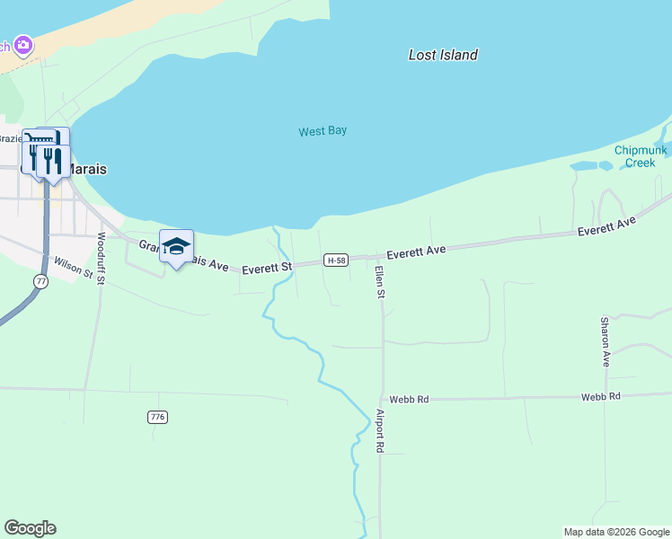 map of restaurants, bars, coffee shops, grocery stores, and more near Emma Street in Seney