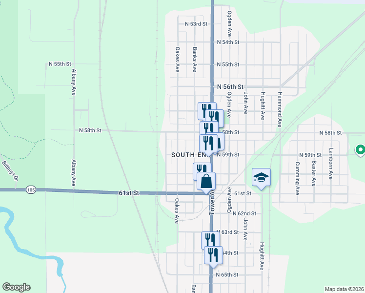 map of restaurants, bars, coffee shops, grocery stores, and more near 5901 Oakes Avenue in Superior