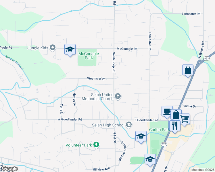 map of restaurants, bars, coffee shops, grocery stores, and more near 1160 Selah Loop Road in Selah