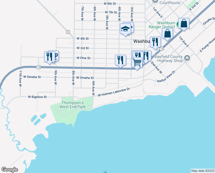map of restaurants, bars, coffee shops, grocery stores, and more near 423 Wisconsin Street in Washburn