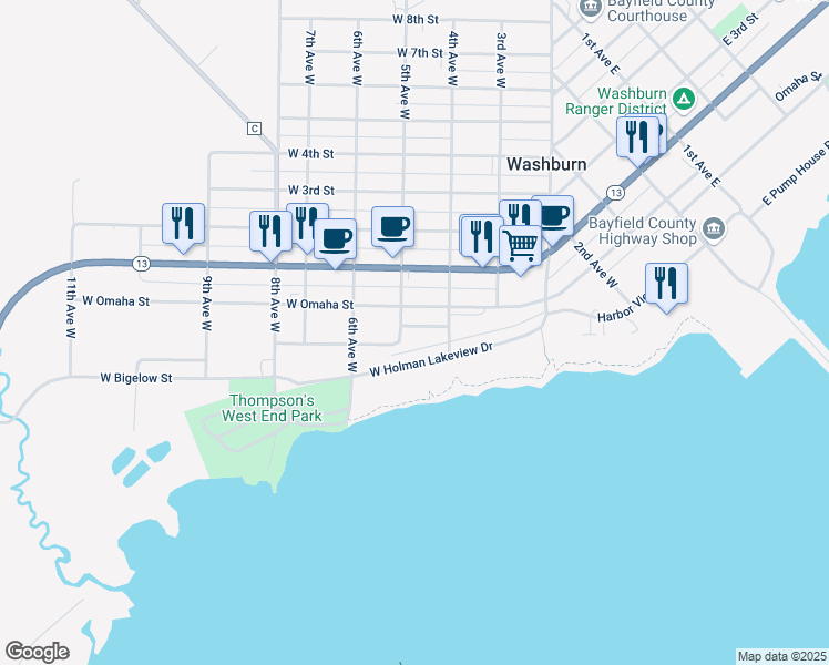 map of restaurants, bars, coffee shops, grocery stores, and more near 423 Wisconsin Street in Washburn