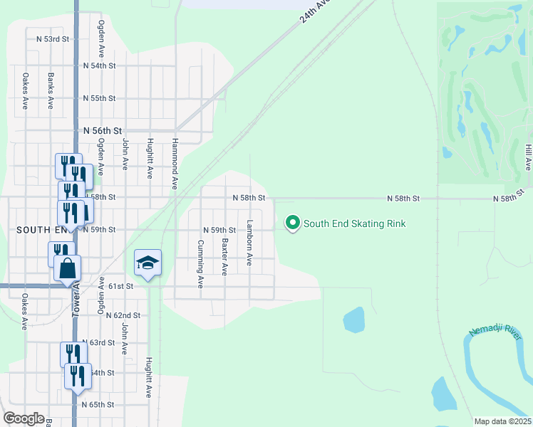 map of restaurants, bars, coffee shops, grocery stores, and more near 1004 North 58th Street in Superior