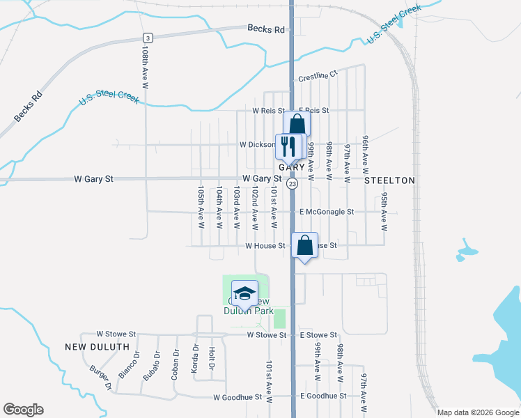 map of restaurants, bars, coffee shops, grocery stores, and more near 1213 102nd Avenue West in Duluth
