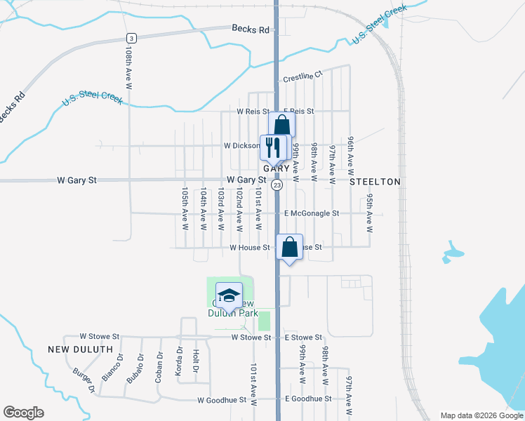 map of restaurants, bars, coffee shops, grocery stores, and more near 1202 101st Avenue West in Duluth