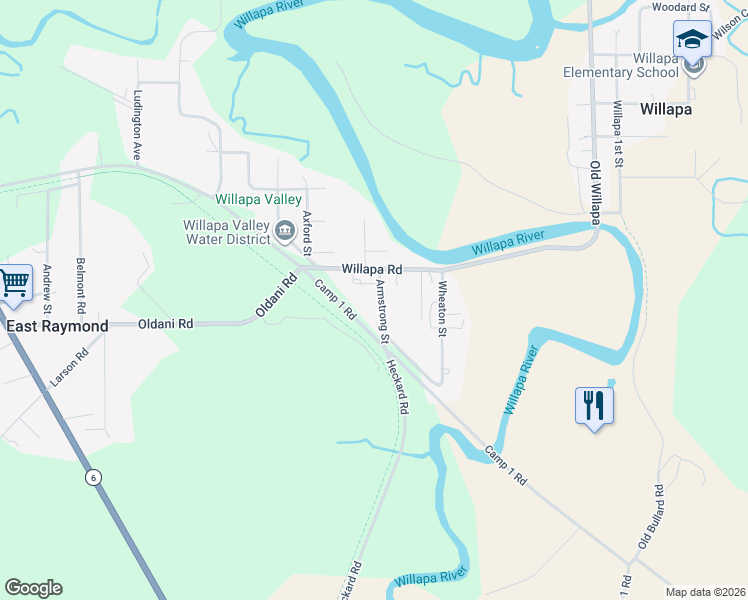 map of restaurants, bars, coffee shops, grocery stores, and more near 4400 Willapa Road in Raymond