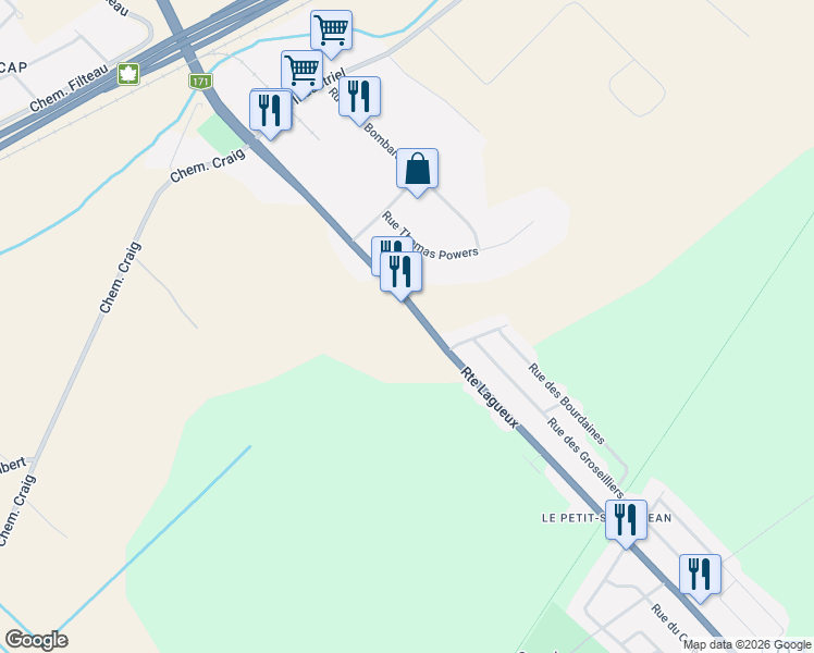 map of restaurants, bars, coffee shops, grocery stores, and more near 2217 Route Lagueux in Lévis